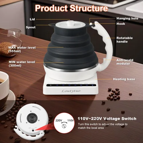 Vista 6 de Hervidor eléctrico plegable de silicona de grado alimenticio ultrafino con control de temperatura variable con doble voltaje, apagado automático
