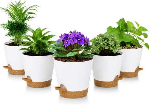 Vista 10 de Paquete de 12 macetas de riego automático de 4 pulgadas con drenaje y platillos, macetas de plástico para plantas de interior y exterior, macetas