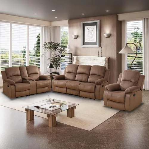 Vista 9 de Juego de Muebles para Sala de Estar, Juego de Sofá Reclinable Manual, Juegos de Sofás Reclinables de Cuero Beige con Mesa Desplegable, Sofá