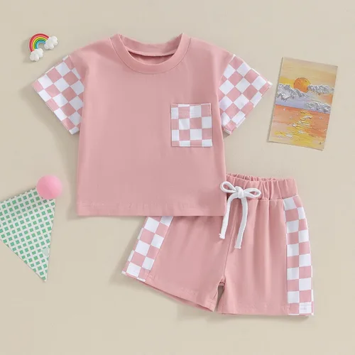 Vista 2 de FOCUSNORM Conjunto de camiseta de manga corta para niña pequeña, camiseta de manga corta, pantalones cortos de ajedrez, ropa de verano para niña