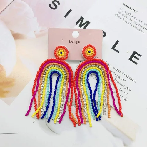 Vista 4 de Aretes colgantes con cuentas de arcoíris y borlas, regalo para mujer