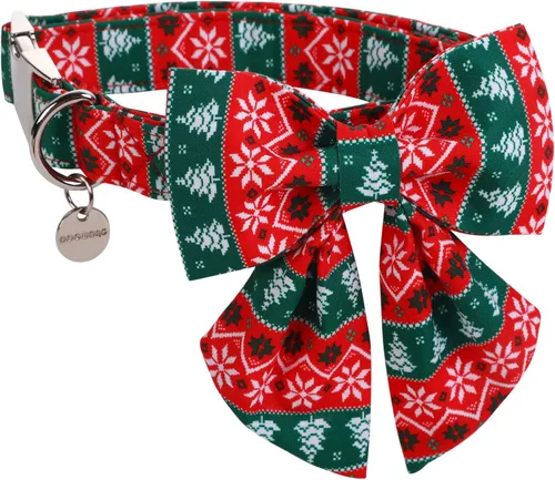 Vista 18 de Collar de Navidad para perro con pajarita, collar de perro de copo de nieve con tira roja y verde, suave, duradero, ajustable, de algodón