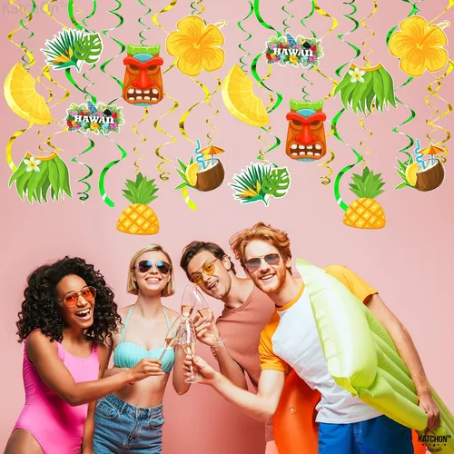 Vista 8 de KatchOn, Remolinos colgantes hawaianos de Luau, paquete de 46, sin bricolaje, decoraciones de fiesta Luau, decoraciones de fiesta temática hawaiana