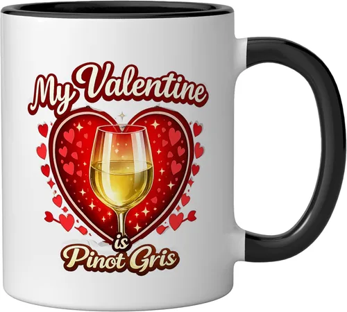 Vista 2 de Pinot Gris Wine Glass Valentine Hearts Love Funny Gift Ceramic Mug, Black/White, 11oz