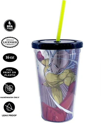 Vista 3 de JUST FUNKY One Man Punch Foil Print Saitama Taza de carnaval de 16 oz con popote y tapa