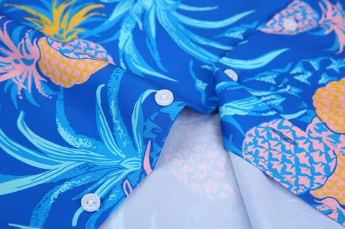 Vista 9 de Camisa estampada hawaiana para hombre, manga corta tropical, camisa de Aloha con botones, ajuste regular con bolsillos