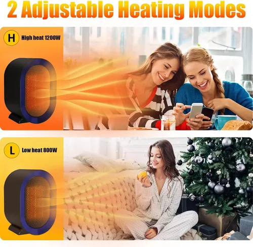 Vista 5 de Calentador eléctrico portátil, calentador de cerámica PTC morado mate con termostato para calentamiento rápido, ideal para uso silencioso y seguro