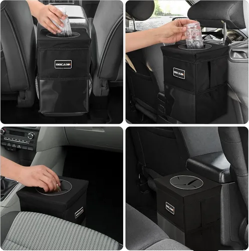 Vista 7 de Beicarin Papelera para coche con tapa, bolsa de basura para colgar con bolsillos de almacenamiento, plegable y portátil, organizador de auto a