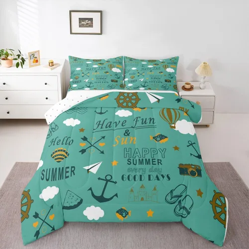 Vista 14 de Juego de edredón de casa del lago, tamaño individual, juego de ropa de cama con ancla náutica para niños, adolescentes y adultos, edredón retro