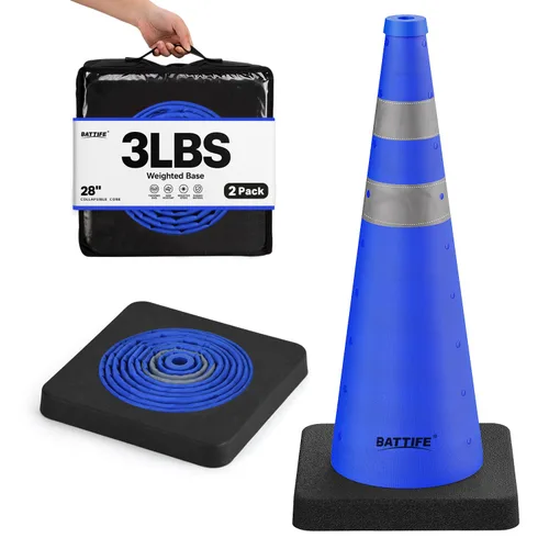 Vista 18 de BATTIFE [1 Paquete] Conos azules plegables de seguridad de tráfico de 28 pulgadas con base negra pesada, conos emergentes multiusos con collar