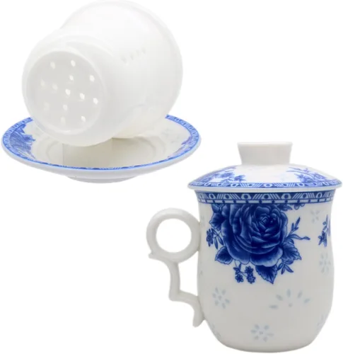 Vista 6 de Taza de té de porcelana con tapa de infusor y juegos de platillos – Taza de café de cerámica china Jingdezhen Taza de té de hoja suelta Sistema