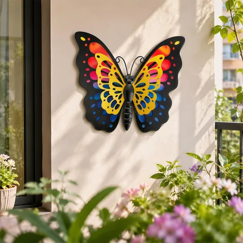 Vista 8 de HONGLAND Decoración de pared de mariposa de metal, escultura de arte para interiores y exteriores, decoración de cristal colgante azul