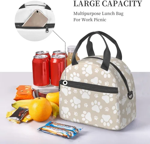 Vista 6 de Perinsto Lindas patas de perro beige bolsa de almuerzo reutilizable aislada bolsa de almuerzo lonchera contenedor con correa ajustable