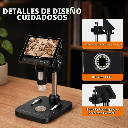 Vista 7 de Elikliv Microscopio para monedas, microscopio digital LCD de 4.3 pulgadas, 1000x, lupa de monedas con 8 luces LED ajustables, vista de PC compatible