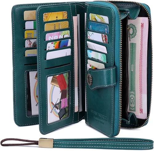 Vista 2 de Earnda Billetera para mujer, tarjetero de cuero de gran capacidad para tarjetas de crédito RFID, Rojo_008, Casual