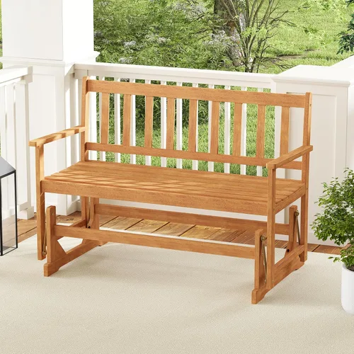 Vista 2 de Tangkula Banco planeador de madera de acacia para 2 personas, resistente 800 libras, sofá biplaza mecedora para patio con asiento y respaldo