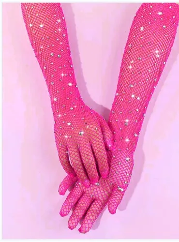 Vista 4 de RSLOVE Guantes largos de malla con diamantes de imitación brillantes para mujer