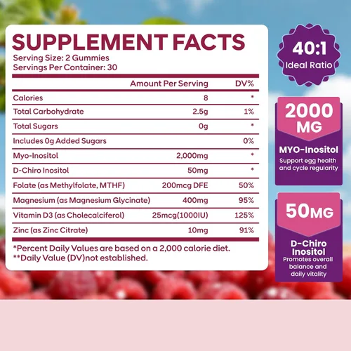 Vista 2 de Paquete de 2 gomitas de mio-inositol y D-Chiro inositol para mujeres de 2000 mg + 50 mg de proporción ideal 40:1 con vitamina D3, glicinato