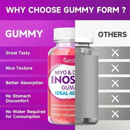 Vista 6 de Gomitas de mio-inositol y D-Chiro inositol, proporción 40:1 de inositol con vitamina D3, glicinato de magnesio, folato y zinc, suplemento