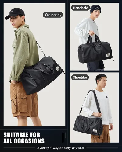 Vista 8 de Bolsa de viaje de cuero con bolsa para zapatos, bolsa de deporte de gimnasio, bolsa impermeable para fines de semana para hombres y mujeres, Negro