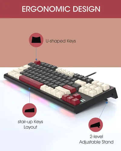 Vista 2 de Teclado mecánico compacto 80% para juegos, teclado tkl con cable con interruptores amarillos, teclado ergonómico de estilo retro