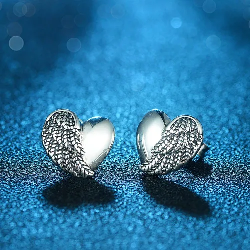 Vista 4 de Aretes de corazón de ala de ángel en plata de ley antigua 925 con espalda de mariposa 0.433x0.406 in, Plata de ley Turquesa Perla