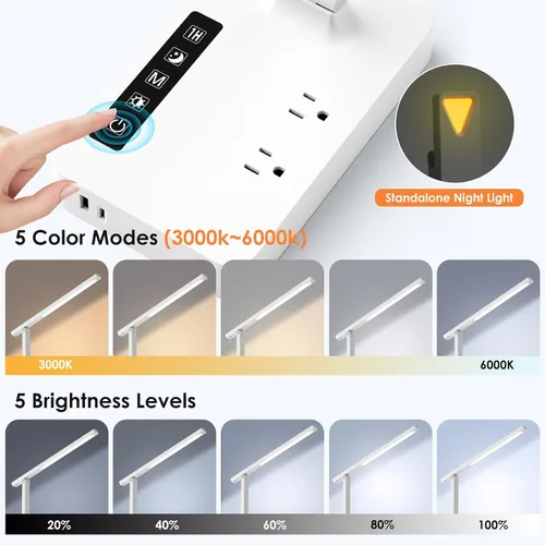 Vista 6 de Infiway Lámparas LED de escritorio para oficina en casa: lámpara de escritorio con puerto de carga USB - 1 USB-A, 1 puerto tipo C, 2 tomas de Blanco