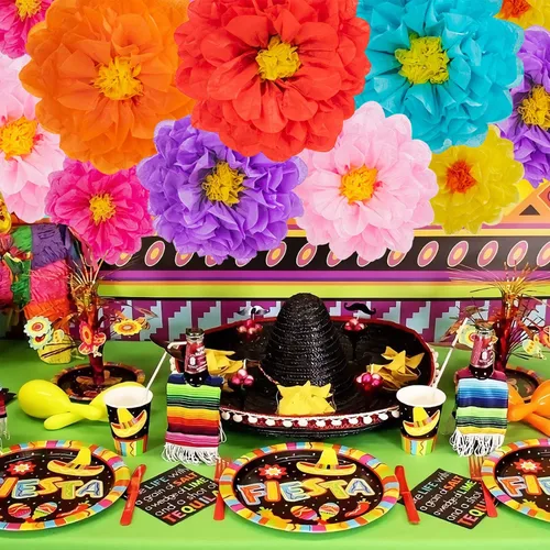Vista 4 de 21 flores de papel mexicanas, flores de papel de fiesta, flores de tejido coloridas para carnaval, telón de fondo de fiesta, boda, fiesta