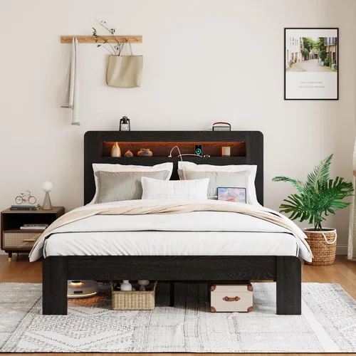 Vista 3 de Marco de Cama de Madera Tamaño Full con Cabecera de Almacenamiento, Marco de Cama de Plataforma Estilo Granja con Estante de Librería y Luces LED