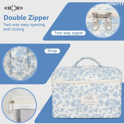 Vista 4 de honitty Bolsa de maquillaje, bolsas de cosméticos acolchadas, bolsas de maquillaje florales grandes para mujeres, organizador de maquillaje, bolsa