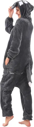 Vista 9 de Pijama de una pieza para adultos, disfraz de dibujos animados de animales para mujeres y hombres, cosplay, Halloween, lobo