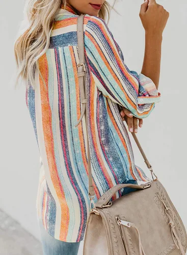 Vista 6 de Astylish - Camisa a rayas para mujer con cuello en V, blusa con mangas enrollables y botones