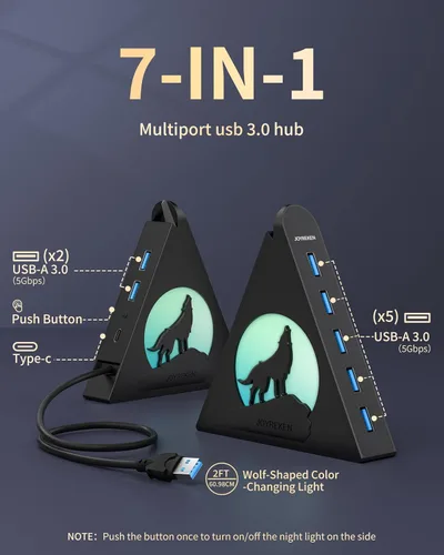Vista 2 de Hub USB 3.0 de 7 puertos, divisor de USB vertical con iluminación RGB, transferencia de datos de alta velocidad de 5 Gbps y cable de extensión de 2