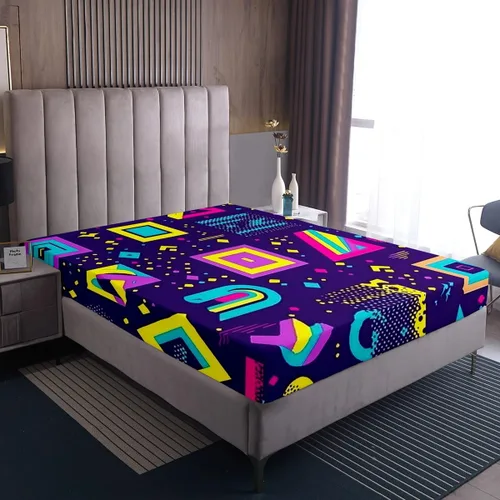 Vista 5 de Juego de sábanas bajeras de estilo retro de los años 80, diseño geométrico abstracto, diseño urbano moderno con círculos y triángulos, colorido arte