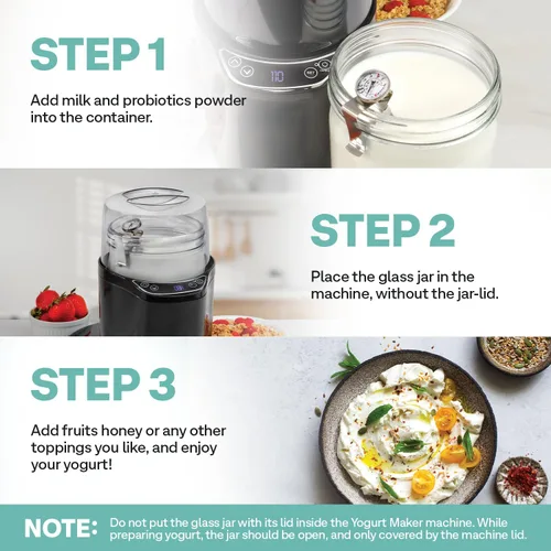 Vista 5 de Euro Cuisine YM360 Máquina para Hacer Yogur con control de tiempo y temperatura ajustable, tarro de vidrio de 2 cuartos de galón, termómetro GRATIS