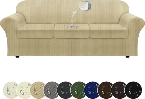 Vista 61 de Funda impermeable para silla con brazos, juego de 2 piezas, funda a rayas para 1 sofá separado con cojín en T, fundas de sillón de tela