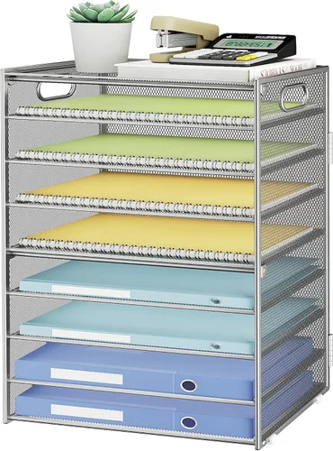 Vista 10 de SUBEKYU Organizador de papel de 9 niveles para escritorio, bandeja de cartas de malla de metal negro, organizador clasificador de papel de archivo