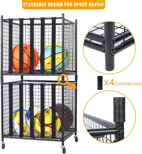 Vista 5 de Snail Organizador de almacenamiento de equipo deportivo para garaje, carro rodante con canasta y ganchos para pelotas deportivas, jaula