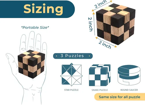 Vista 3 de BSIRI 3 Rompecabezas en una Caja - Rompecabezas de Cerebro de Madera, Rompecabezas Mental 3D para Adultos, Juegos Educativos para Niños
