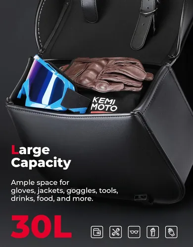 Vista 2 de kemimoto Alforjas para motocicleta, 30L de gran capacidad, bolsa de equipaje de piel sintética para motocicletas Sportster Softail Dyna V-star