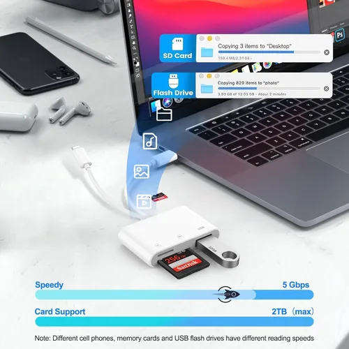 Vista 4 de Lector de tarjetas SD para iPhone, iPad, adaptador de tarjeta SD USB C Lightning de doble puerto, lector de tarjetas de memoria para adaptador