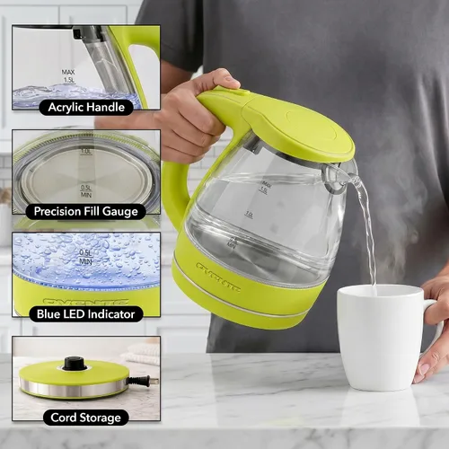 Vista 5 de Ovente Tetera de 1.5 litros libre de BPA, cristal, inalámbrica, eléctrica Verde