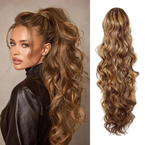 Vista 10 de KETHBE Extensión de pelo para cola de caballo de 24 pulgadas con onda corporal, sintética, resistente al calor, con cordón envolvente, rizada y 1b#