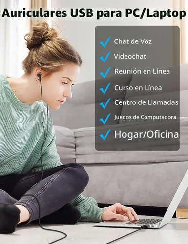 Vista 4 de Auriculares USB con micrófono para laptop, auriculares magnéticos con cable de 7.5 pies con aislamiento de ruido, auriculares intrauditivos