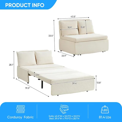 Vista 2 de PUREMIND Sofá cama extraíble 3 en 1 tamaño individual, sofá de pana convertible con almohadas y colchón de espuma viscoelástica de 3.9 pulgadas Beige