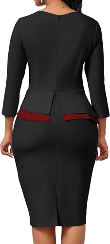 Vista 2 de Oxgmoky Vestido de iglesia para mujer, vestido de trabajo, negocios, entallado, manga 34, cuello redondo, vestidos de lápiz