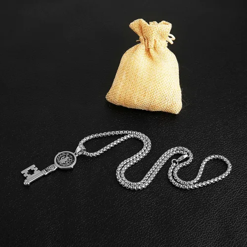 Vista 5 de HZMAN Collar de exorcismo de San Benito de acero inoxidable con circonita dorada y plata católica, colgante de cruz para hombres y mujeres, regalo