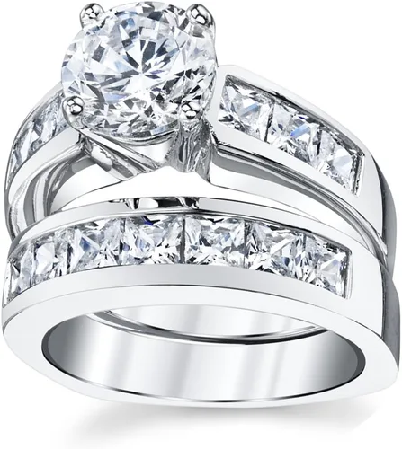 Vista 3 de Set de anillos de compromiso de plata esterlina con ronda y corte princesa de circonia cúbica