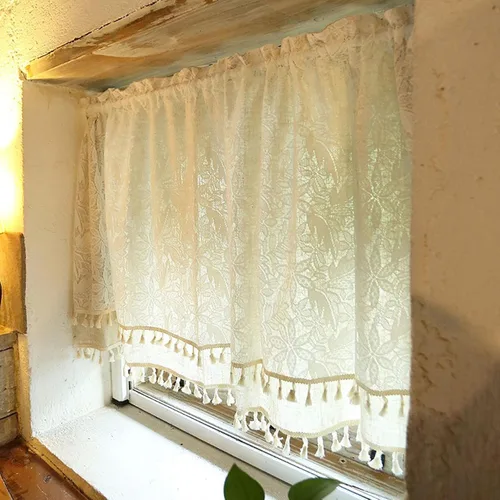 Vista 7 de Cenefa de cortina de ganchillo bohemio para ventana de cocina, retro, rústico, de algodón, con encaje, corta, bolsillo para barra con borlas
