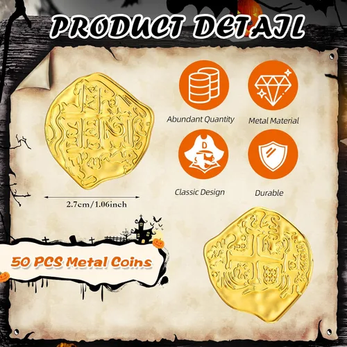 Vista 2 de Hanaive 50 monedas piratas de metal, réplicas de doblón español, fichas de metal del tesoro pirata, monedas de juego falsas para niños